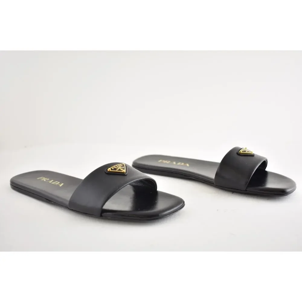Prada Ciabatte Black Leather Gold Triangle Logo Slide Mule Flat Sandal 36